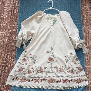 entro Cream Midi Dress with Pink & Green Floral Embroidery